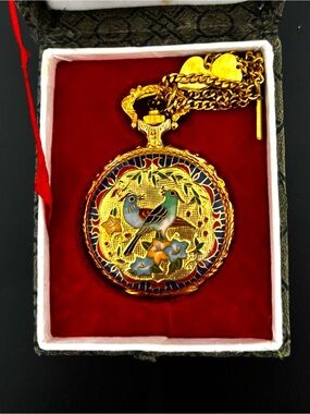 Vintage Jinding Cloisonné Bird Pocket Watch 17 Jewel